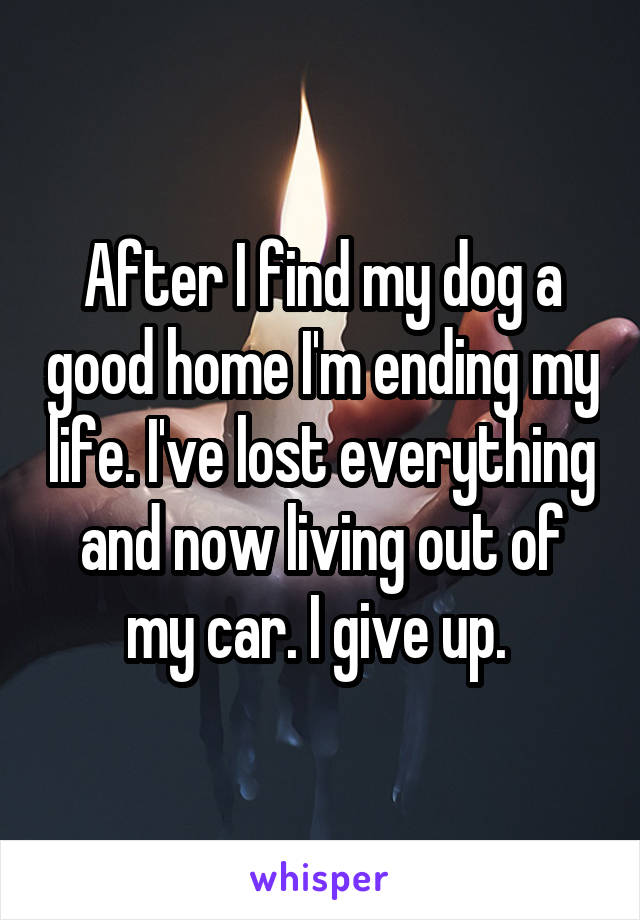 After I find my dog a good home I'm ending my life. I've lost everything and now living out of my car. I give up. 