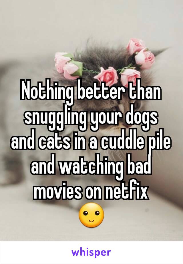 Nothing better than snuggling your dogs and cats in a cuddle pile and watching bad movies on netfix
🙂