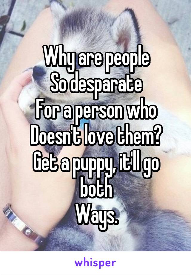 Why are people
So desparate
For a person who
Doesn't love them?
Get a puppy, it'll go both
Ways.