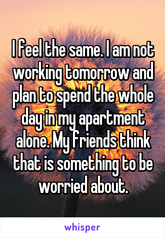 I feel the same. I am not working tomorrow and plan to spend the whole day in my apartment alone. My friends think that is something to be worried about.