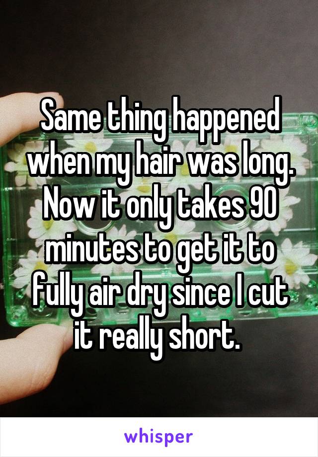 Same thing happened when my hair was long. Now it only takes 90 minutes to get it to fully air dry since I cut it really short. 