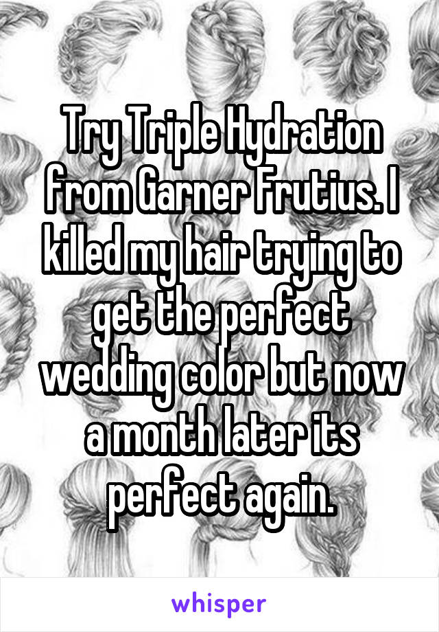 Try Triple Hydration from Garner Frutius. I killed my hair trying to get the perfect wedding color but now a month later its perfect again.