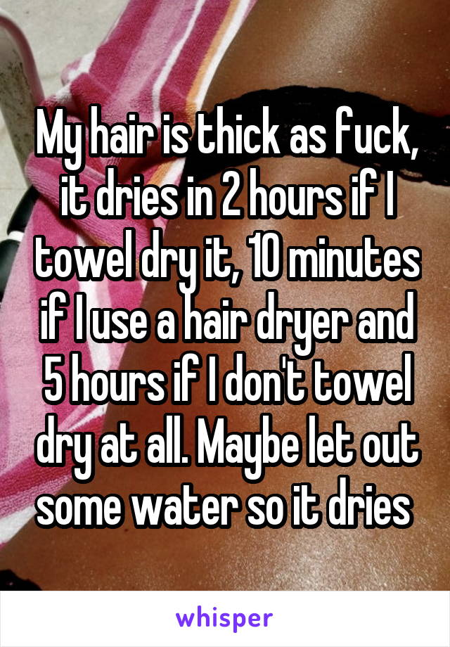 My hair is thick as fuck, it dries in 2 hours if I towel dry it, 10 minutes if I use a hair dryer and 5 hours if I don't towel dry at all. Maybe let out some water so it dries 