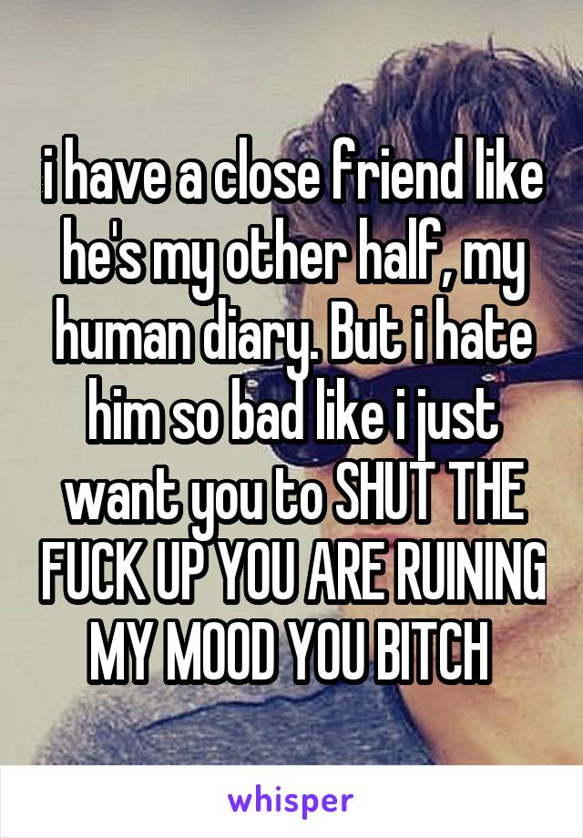 i have a close friend like he's my other half, my human diary. But i hate him so bad like i just want you to SHUT THE FUCK UP YOU ARE RUINING MY MOOD YOU BITCH 