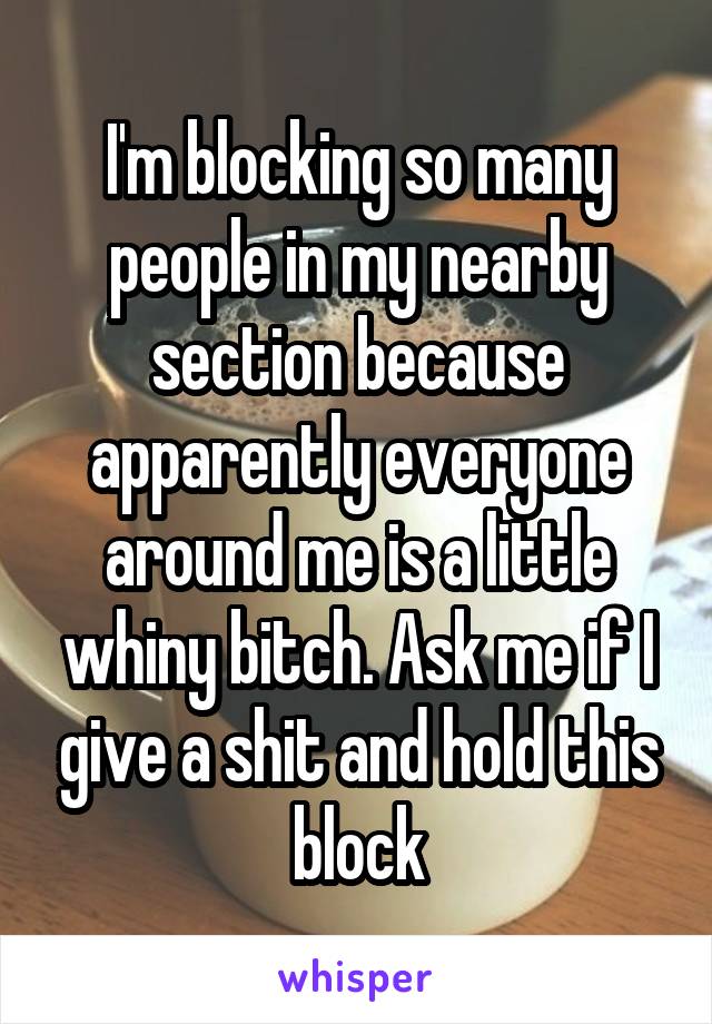 I'm blocking so many people in my nearby section because apparently everyone around me is a little whiny bitch. Ask me if I give a shit and hold this block