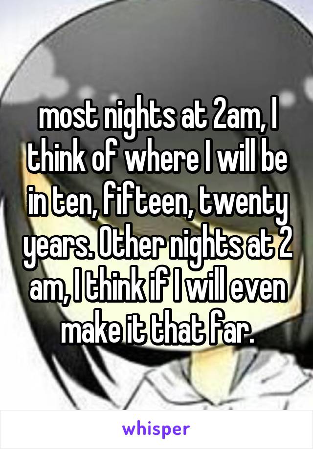 most nights at 2am, I think of where I will be in ten, fifteen, twenty years. Other nights at 2 am, I think if I will even make it that far.