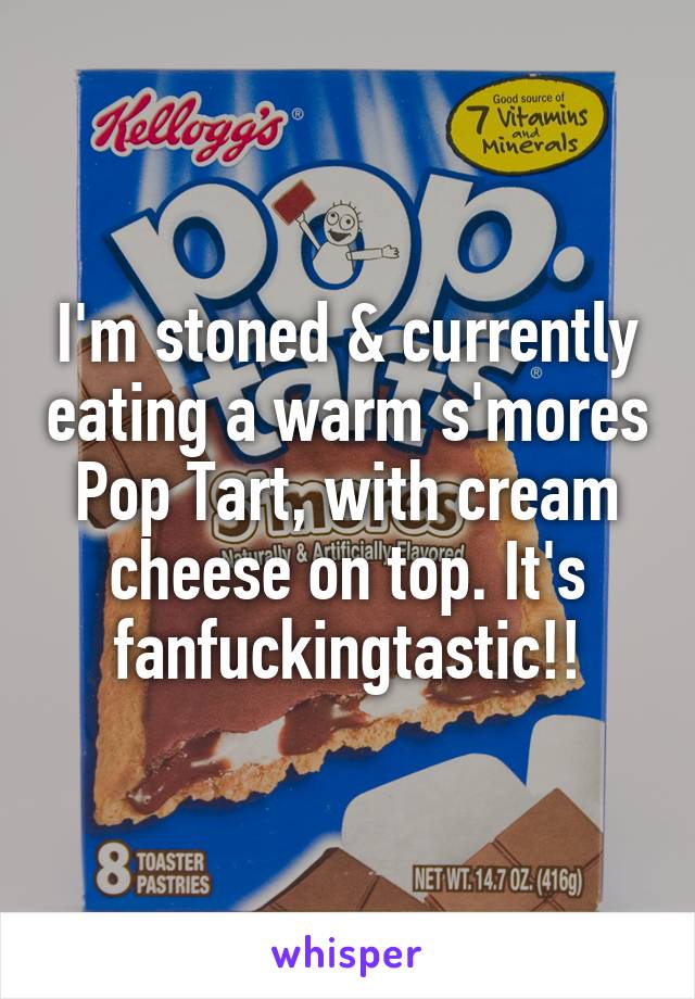 I'm stoned & currently eating a warm s'mores Pop Tart, with cream cheese on top. It's fanfuckingtastic!!