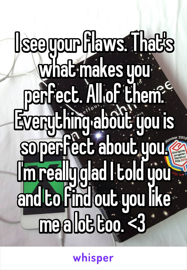 I see your flaws. That's what makes you perfect. All of them. Everything about you is so perfect about you. I'm really glad I told you and to find out you like me a lot too. <3 