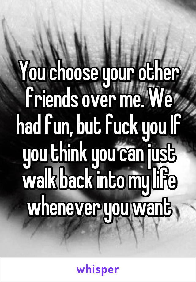 You choose your other friends over me. We had fun, but fuck you If you think you can just walk back into my life whenever you want