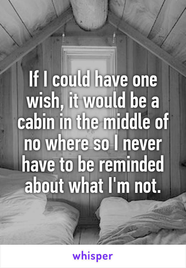 If I could have one wish, it would be a cabin in the middle of no where so I never have to be reminded about what I'm not.