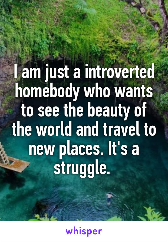 I am just a introverted homebody who wants to see the beauty of the world and travel to new places. It's a struggle. 