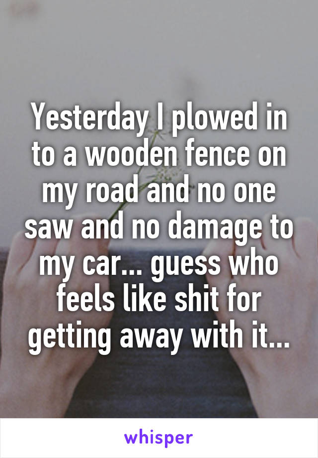 Yesterday I plowed in to a wooden fence on my road and no one saw and no damage to my car... guess who feels like shit for getting away with it...