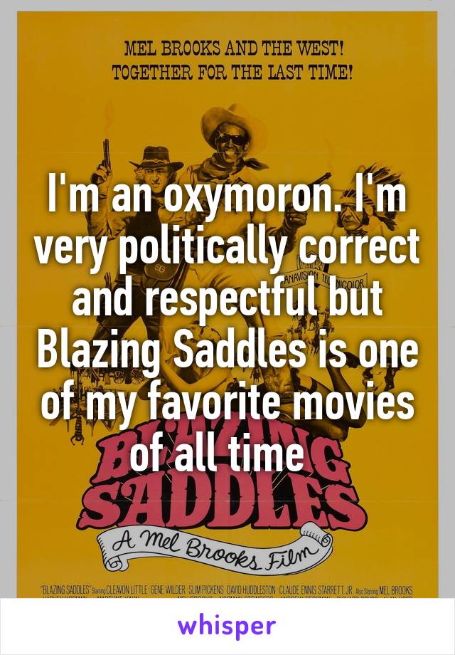 I'm an oxymoron. I'm very politically correct and respectful but Blazing Saddles is one of my favorite movies of all time  