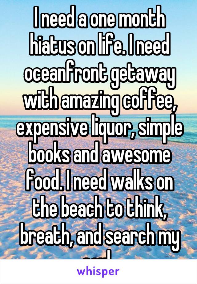 I need a one month hiatus on life. I need oceanfront getaway with amazing coffee, expensive liquor, simple books and awesome food. I need walks on the beach to think, breath, and search my soul..