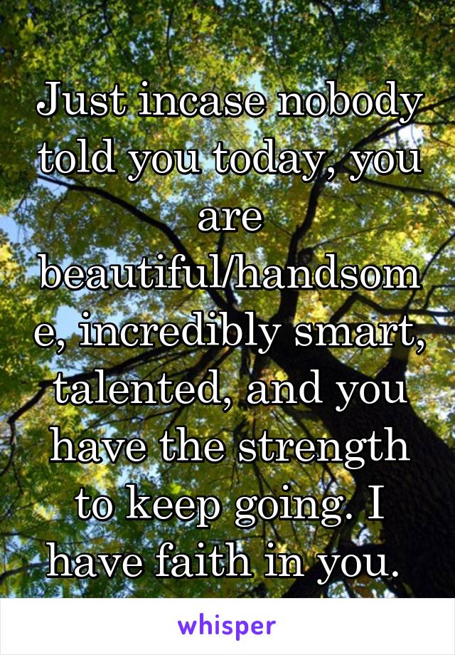 Just incase nobody told you today, you are beautiful/handsome, incredibly smart, talented, and you have the strength to keep going. I have faith in you. 