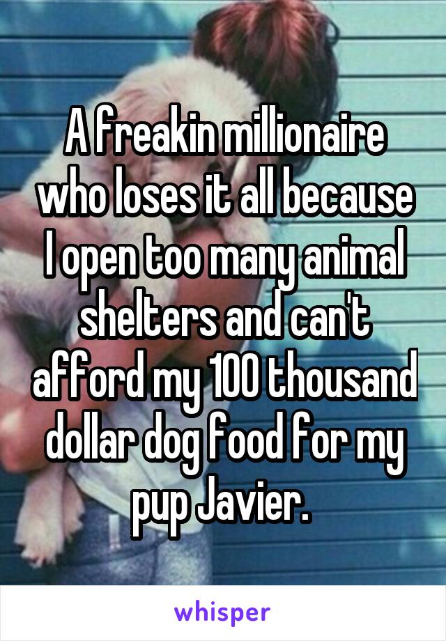 A freakin millionaire who loses it all because I open too many animal shelters and can't afford my 100 thousand dollar dog food for my pup Javier. 