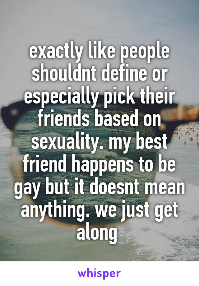 exactly like people shouldnt define or especially pick their friends based on sexuality. my best friend happens to be gay but it doesnt mean anything. we just get along 