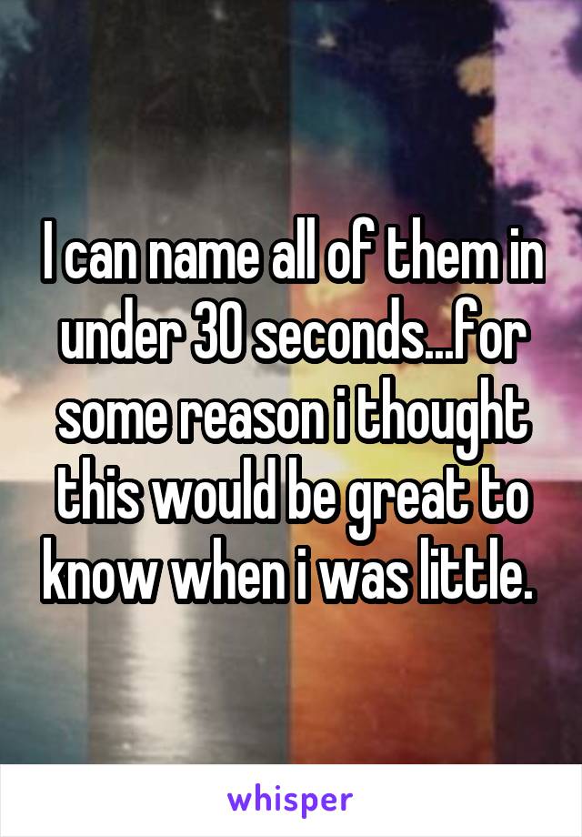 I can name all of them in under 30 seconds...for some reason i thought this would be great to know when i was little. 