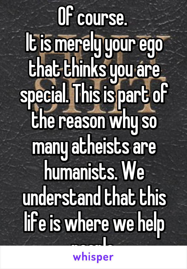 Of course. 
It is merely your ego that thinks you are special. This is part of the reason why so many atheists are humanists. We understand that this life is where we help people.