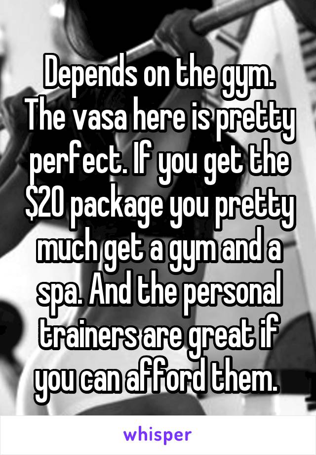 Depends on the gym. The vasa here is pretty perfect. If you get the $20 package you pretty much get a gym and a spa. And the personal trainers are great if you can afford them. 