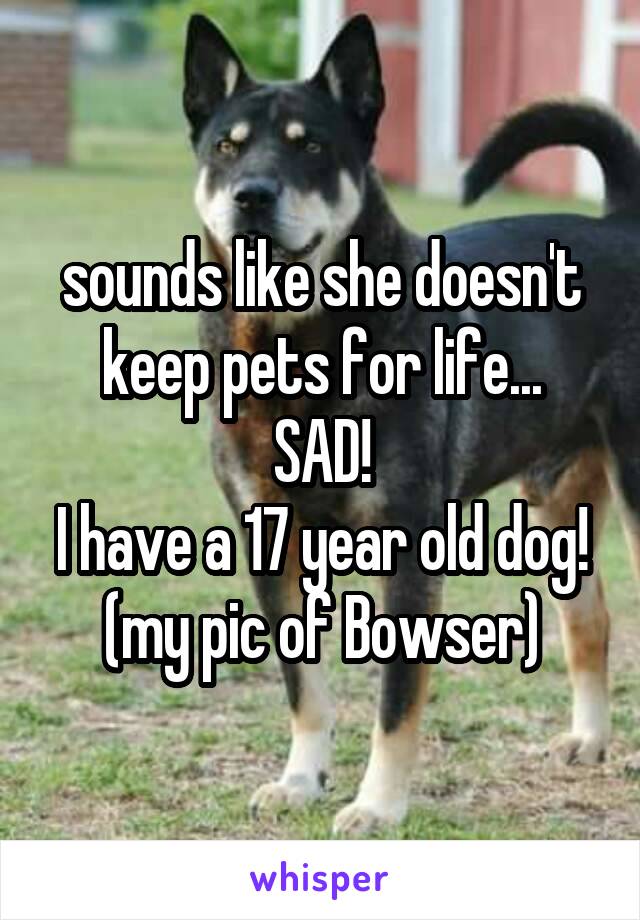 sounds like she doesn't keep pets for life...
SAD!
I have a 17 year old dog!
(my pic of Bowser)