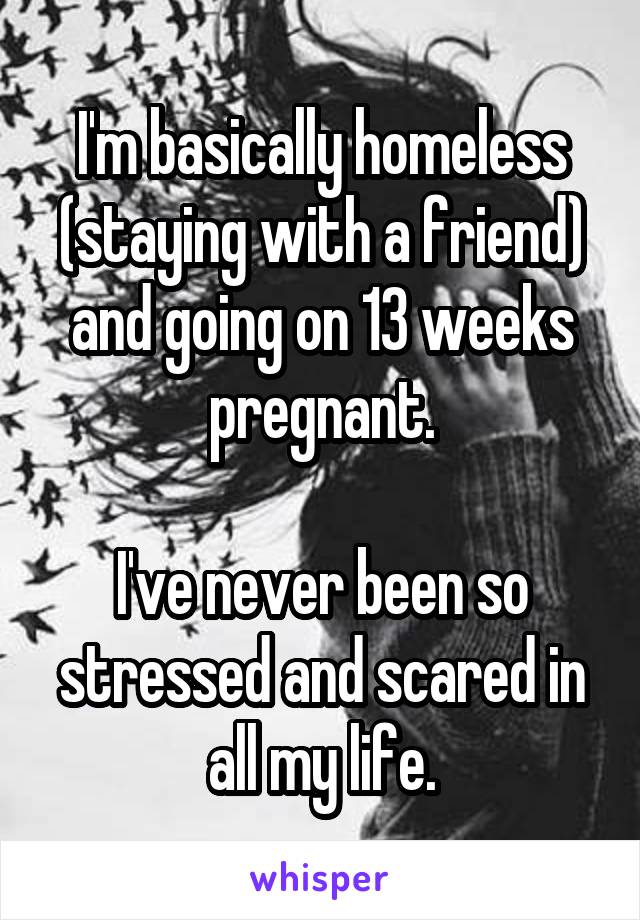 I'm basically homeless (staying with a friend) and going on 13 weeks pregnant.

I've never been so stressed and scared in all my life.