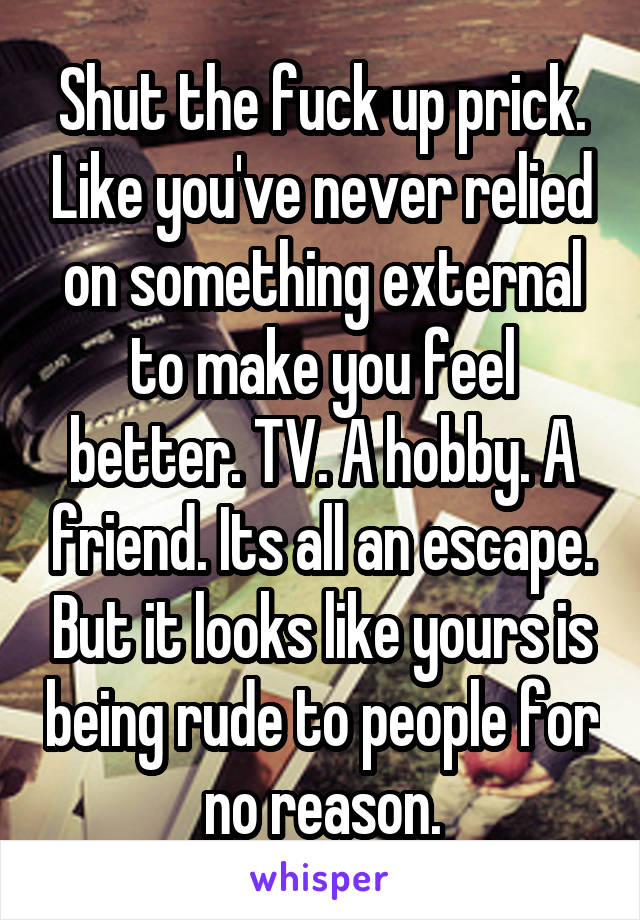 Shut the fuck up prick. Like you've never relied on something external to make you feel better. TV. A hobby. A friend. Its all an escape. But it looks like yours is being rude to people for no reason.