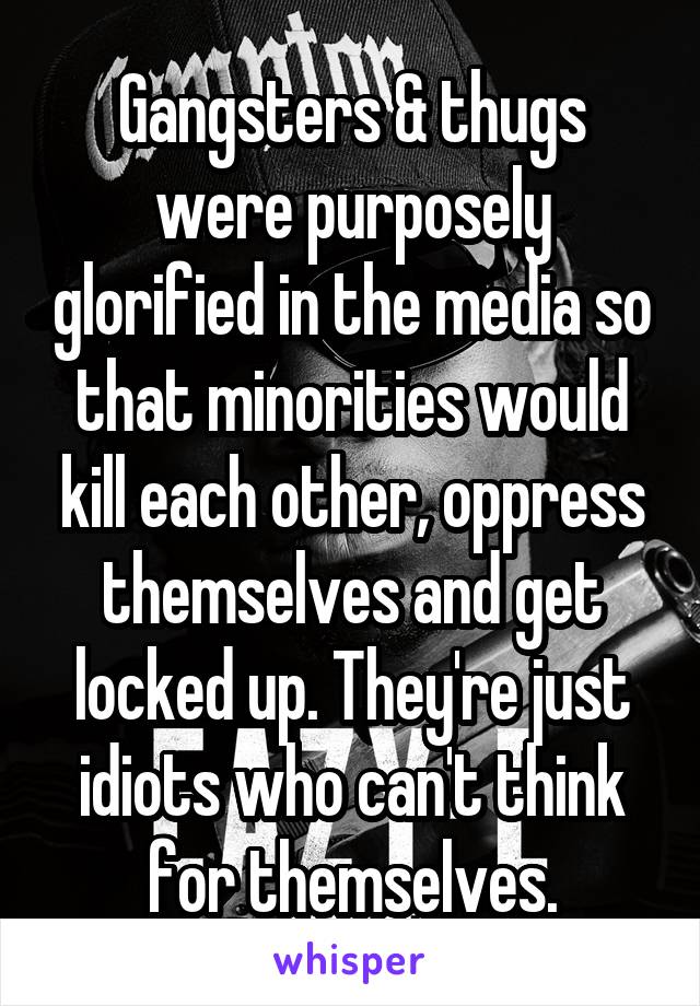 Gangsters & thugs were purposely glorified in the media so that minorities would kill each other, oppress themselves and get locked up. They're just idiots who can't think for themselves.