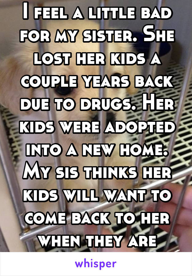 I feel a little bad for my sister. She lost her kids a couple years back due to drugs. Her kids were adopted into a new home. My sis thinks her kids will want to come back to her when they are older.