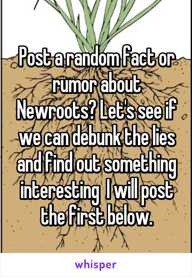 Post a random fact or rumor about Newroots? Let's see if we can debunk the lies and find out something interesting  I will post the first below.
