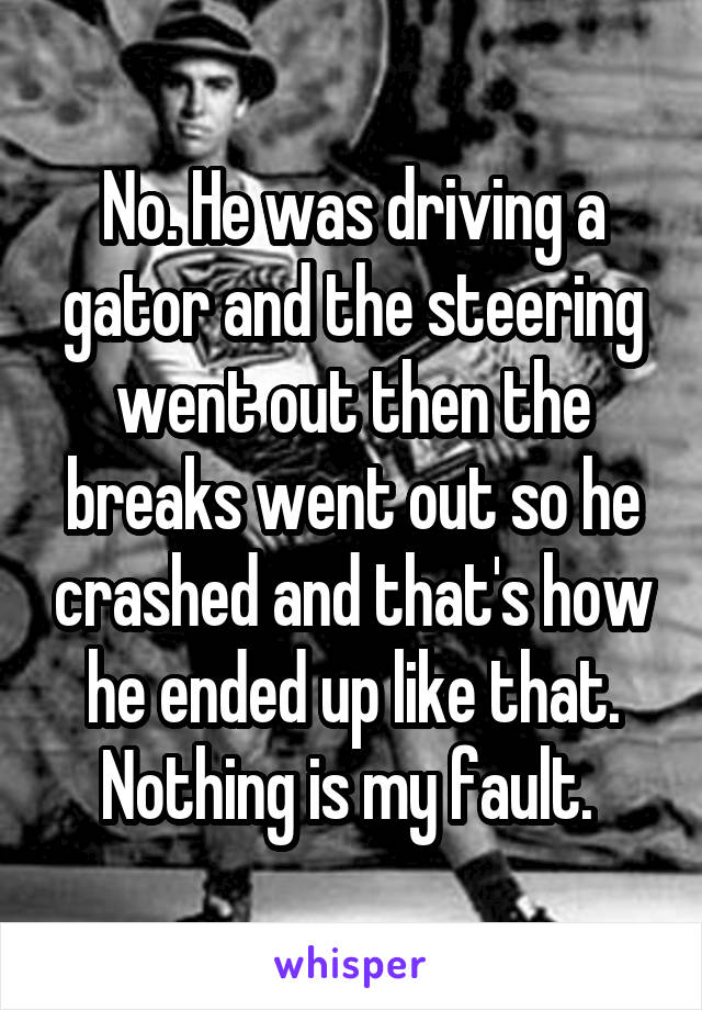 No. He was driving a gator and the steering went out then the breaks went out so he crashed and that's how he ended up like that. Nothing is my fault. 