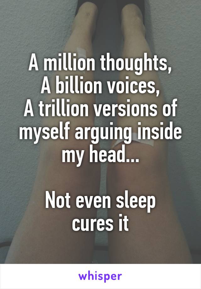 A million thoughts,
A billion voices,
A trillion versions of myself arguing inside my head...

Not even sleep
cures it