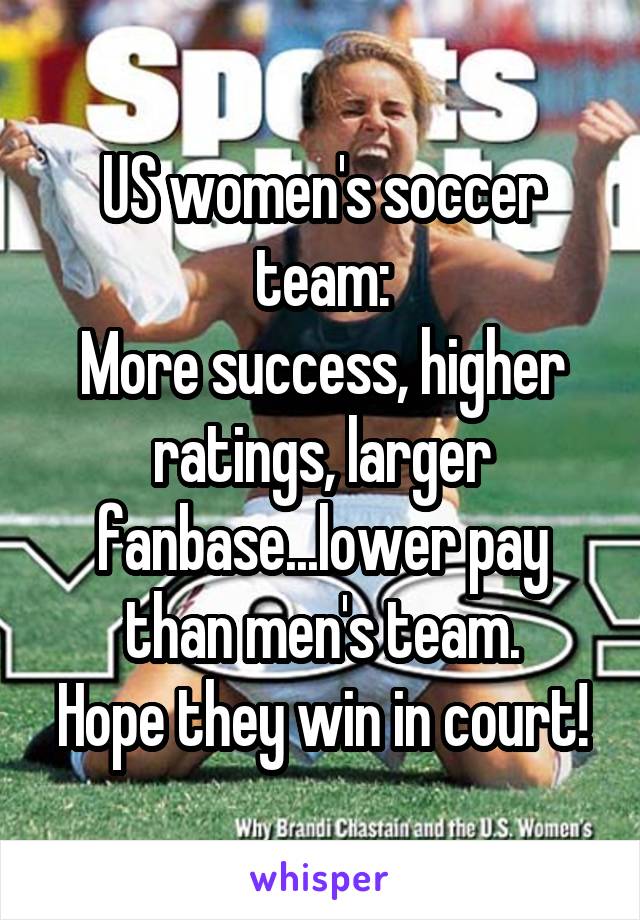 US women's soccer team:
More success, higher ratings, larger fanbase...lower pay than men's team.
Hope they win in court!