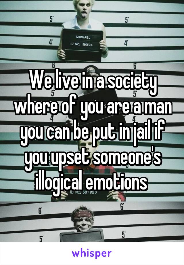 We live in a society where of you are a man you can be put in jail if you upset someone's illogical emotions 