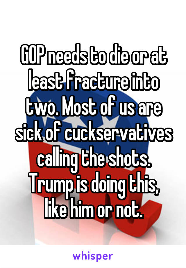 GOP needs to die or at least fracture into two. Most of us are sick of cuckservatives calling the shots.
Trump is doing this, like him or not.