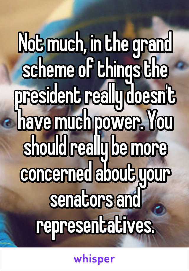 Not much, in the grand scheme of things the president really doesn't have much power. You should really be more concerned about your senators and representatives.