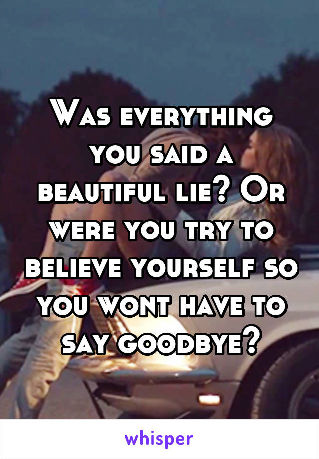 Was everything you said a beautiful lie? Or were you try to believe yourself so you wont have to say goodbye?