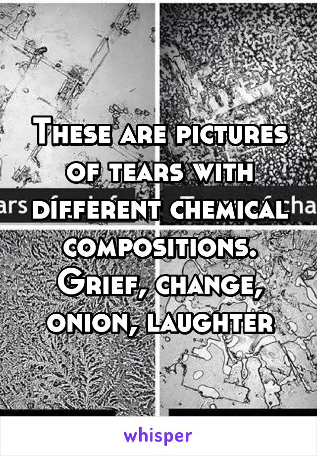 These are pictures of tears with different chemical compositions.
Grief, change, onion, laughter