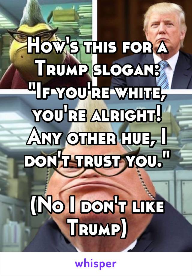 How's this for a Trump slogan:
"If you're white, you're alright!
Any other hue, I don't trust you."

(No I don't like Trump)