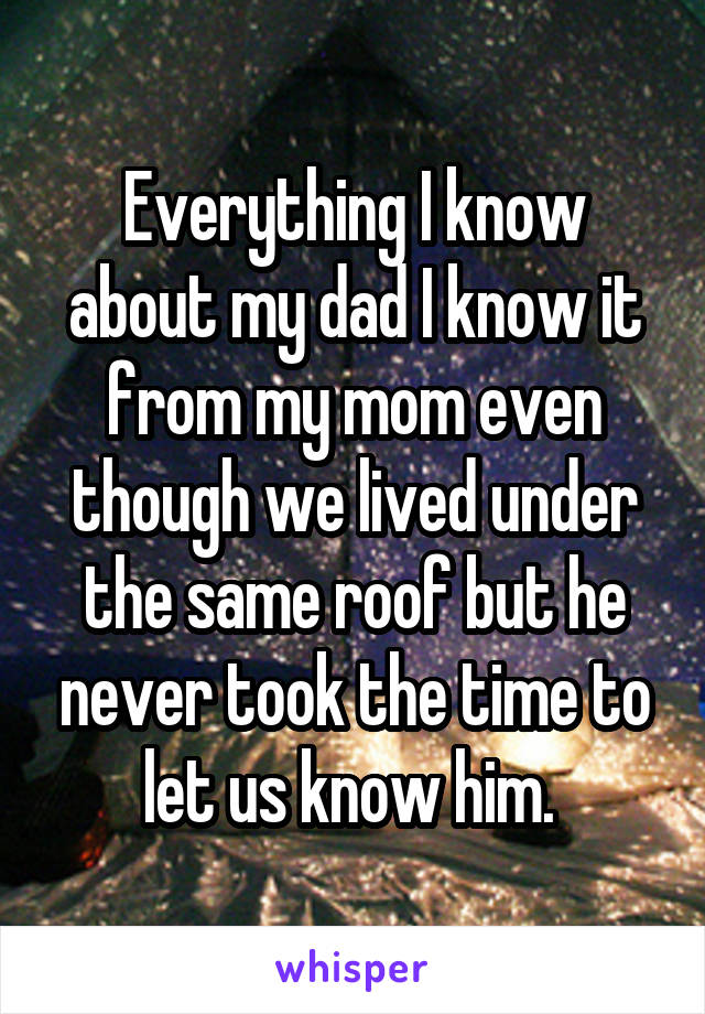 Everything I know about my dad I know it from my mom even though we lived under the same roof but he never took the time to let us know him. 