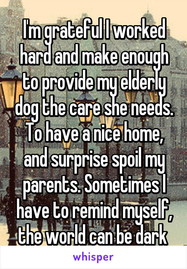 I'm grateful I worked hard and make enough to provide my elderly dog the care she needs. To have a nice home, and surprise spoil my parents. Sometimes I have to remind myself, the world can be dark 