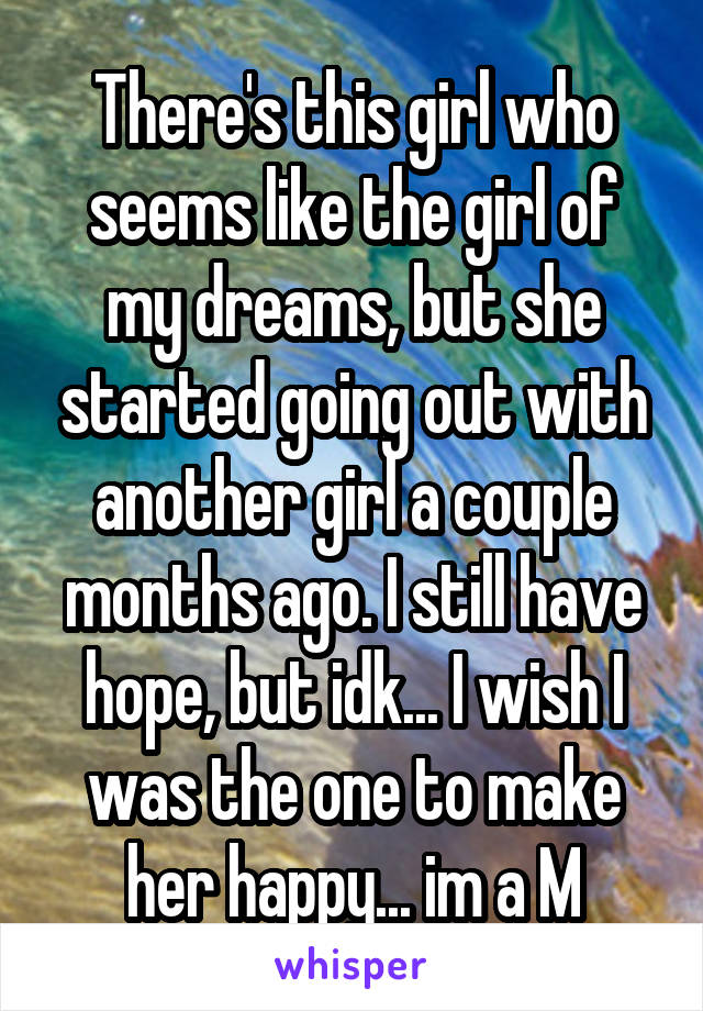 There's this girl who seems like the girl of my dreams, but she started going out with another girl a couple months ago. I still have hope, but idk... I wish I was the one to make her happy... im a M