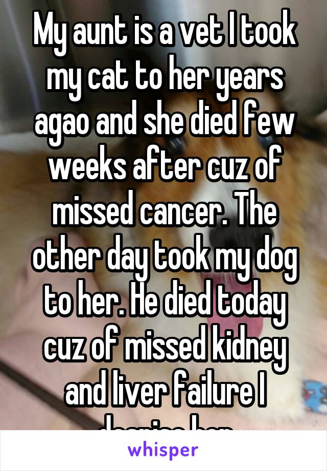 My aunt is a vet I took my cat to her years agao and she died few weeks after cuz of missed cancer. The other day took my dog to her. He died today cuz of missed kidney and liver failure I despise her