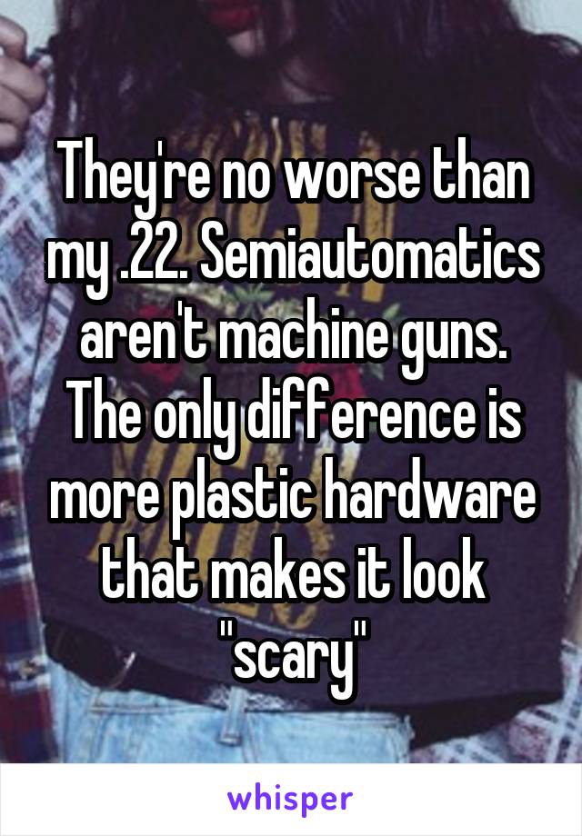 They're no worse than my .22. Semiautomatics aren't machine guns. The only difference is more plastic hardware that makes it look "scary"