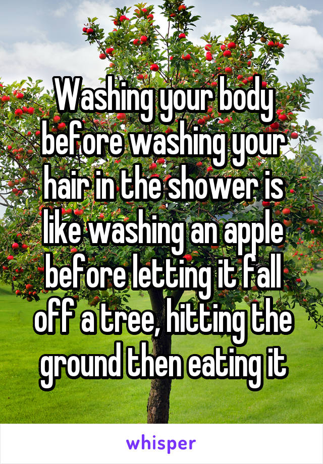 Washing your body before washing your hair in the shower is like washing an apple before letting it fall off a tree, hitting the ground then eating it