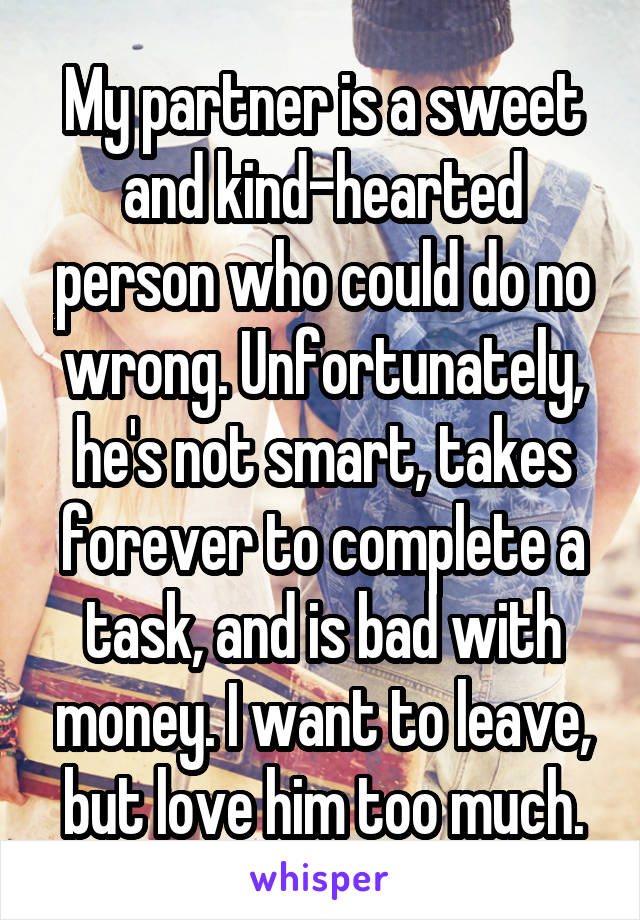 My partner is a sweet and kind-hearted person who could do no wrong. Unfortunately, he's not smart, takes forever to complete a task, and is bad with money. I want to leave, but love him too much.