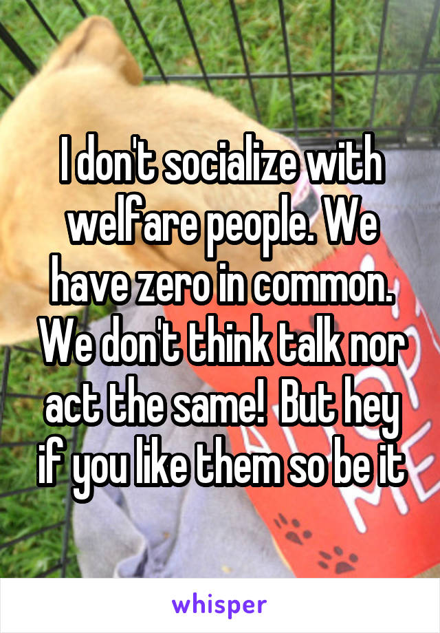 I don't socialize with welfare people. We have zero in common. We don't think talk nor act the same!  But hey if you like them so be it