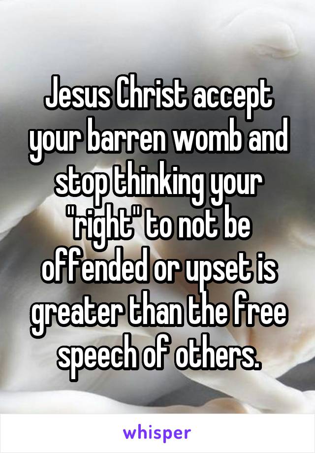 Jesus Christ accept your barren womb and stop thinking your "right" to not be offended or upset is greater than the free speech of others.