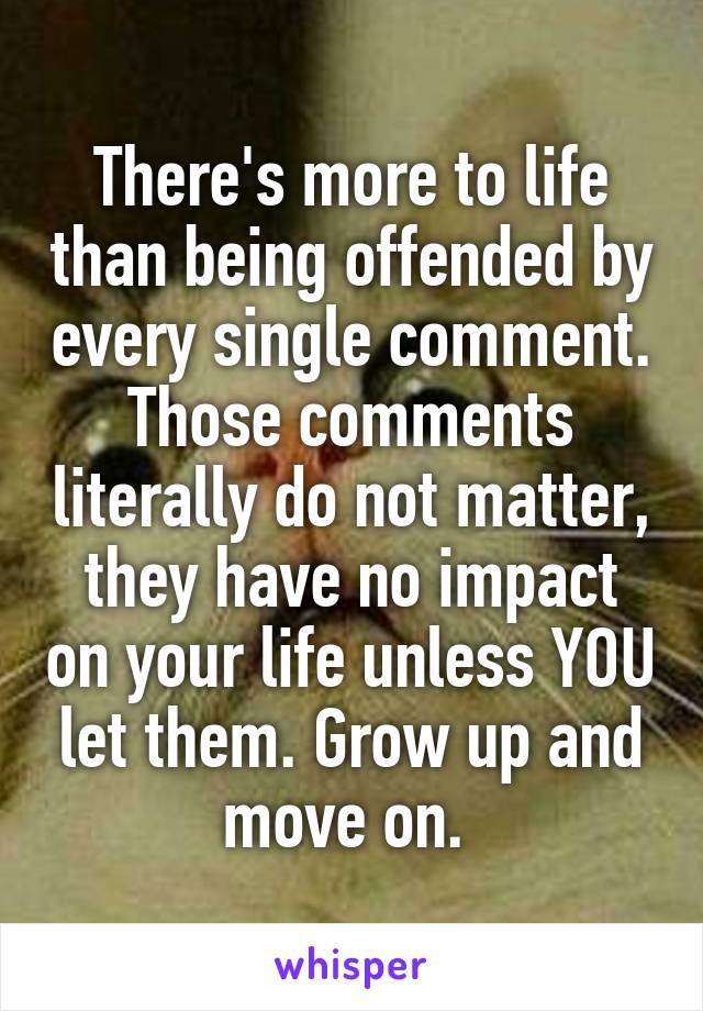 There's more to life than being offended by every single comment. Those comments literally do not matter, they have no impact on your life unless YOU let them. Grow up and move on. 