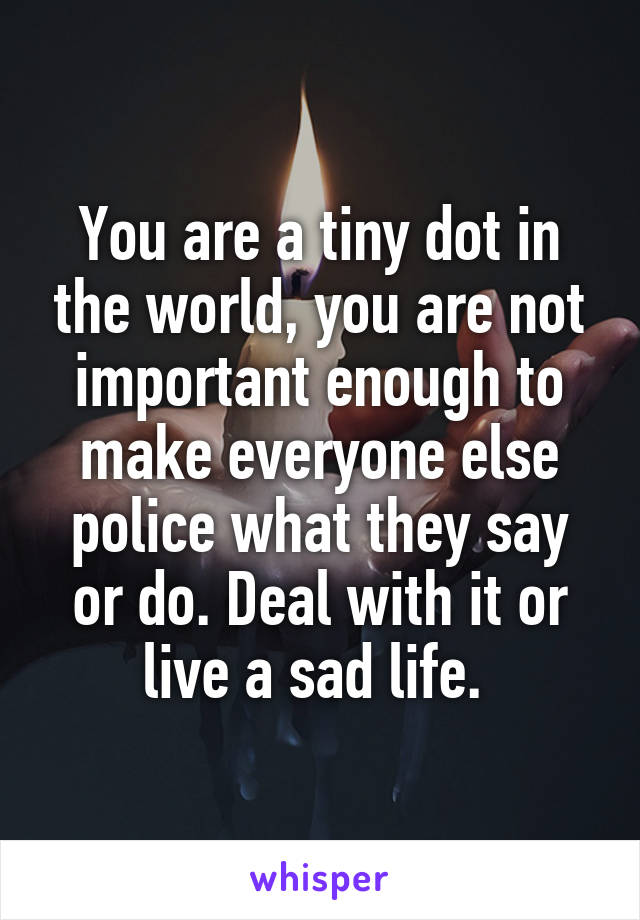 You are a tiny dot in the world, you are not important enough to make everyone else police what they say or do. Deal with it or live a sad life. 